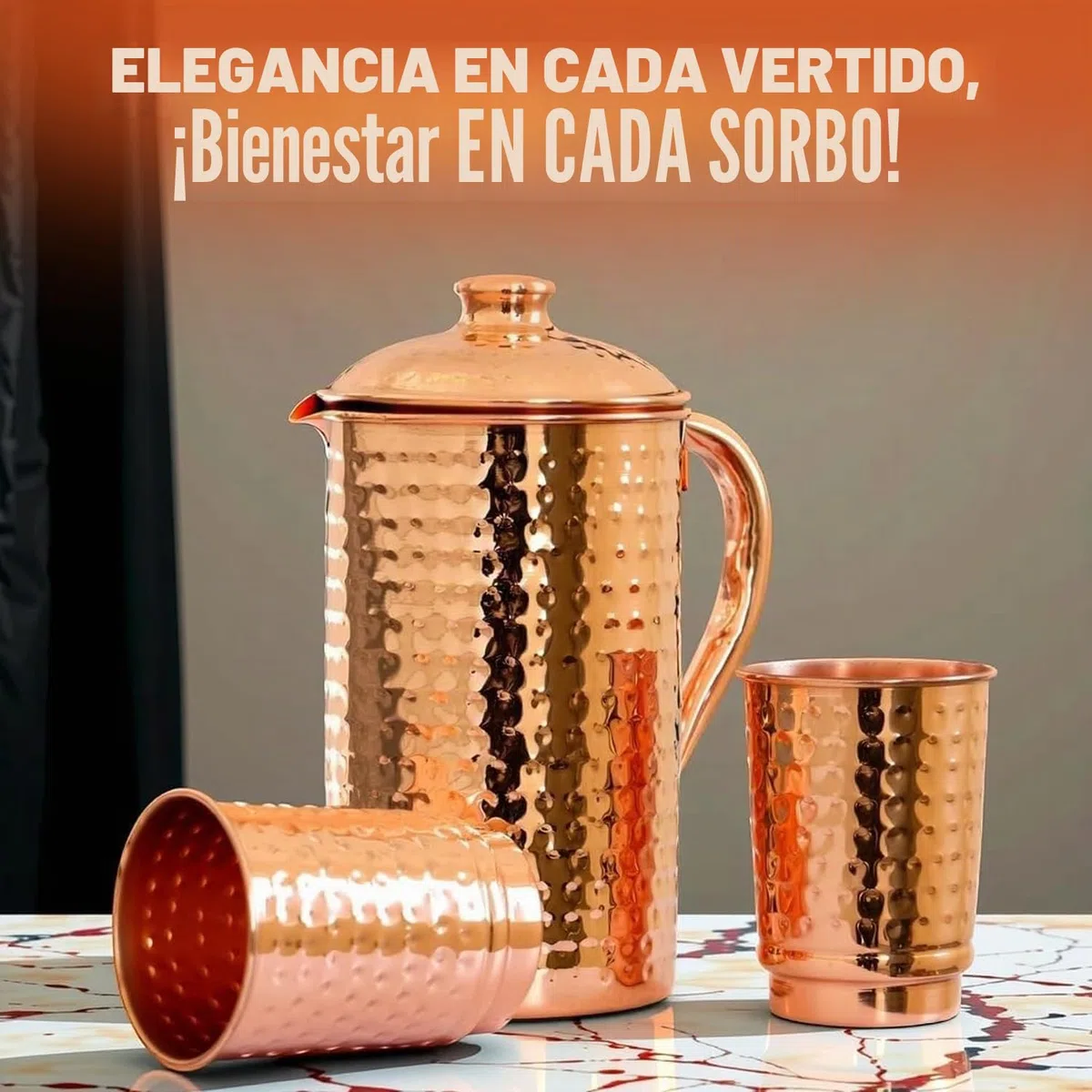 Jarra de cobre 100% puro de 1500 ml con 2 vasos, martillada de agua potable con vasos, juego de tapa y tazas, botella de agua con mango, beneficios para la salud