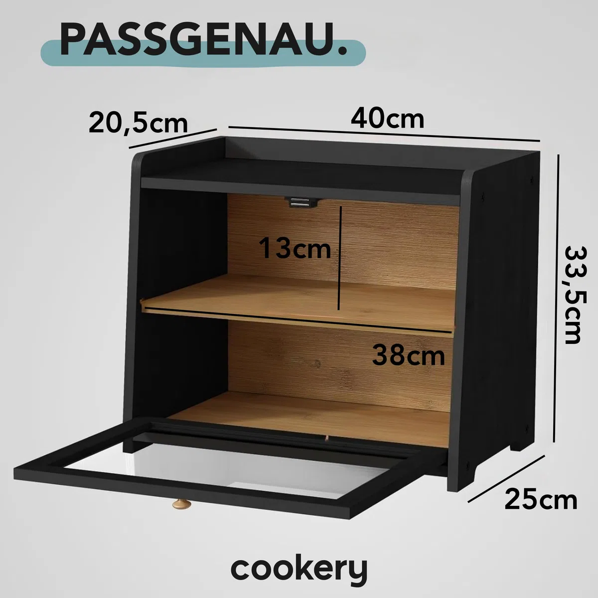 Cookery Panera de madera con 2 niveles para almacenamiento de pan de bambú, caja de pan grande, 2 pisos (negro)