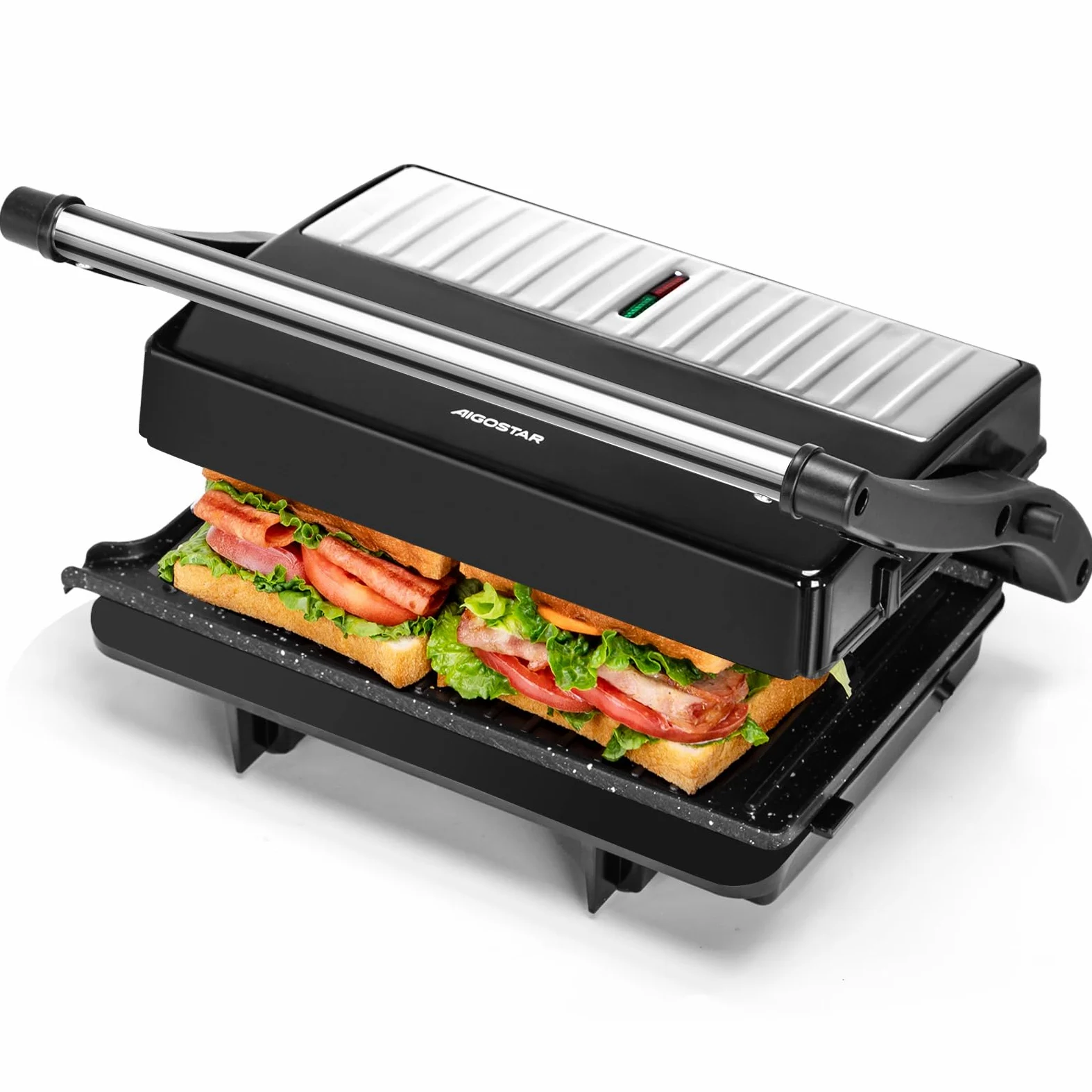Aigostar York Pro - Sandwicheras y Panini, Parrilla Eléctrica, Grill con Placas Antiadherentes, 1000W, Apertura de 180º Dos Superficies de Cocinado de 23 x 14.5cm, Pinza de Cierre.