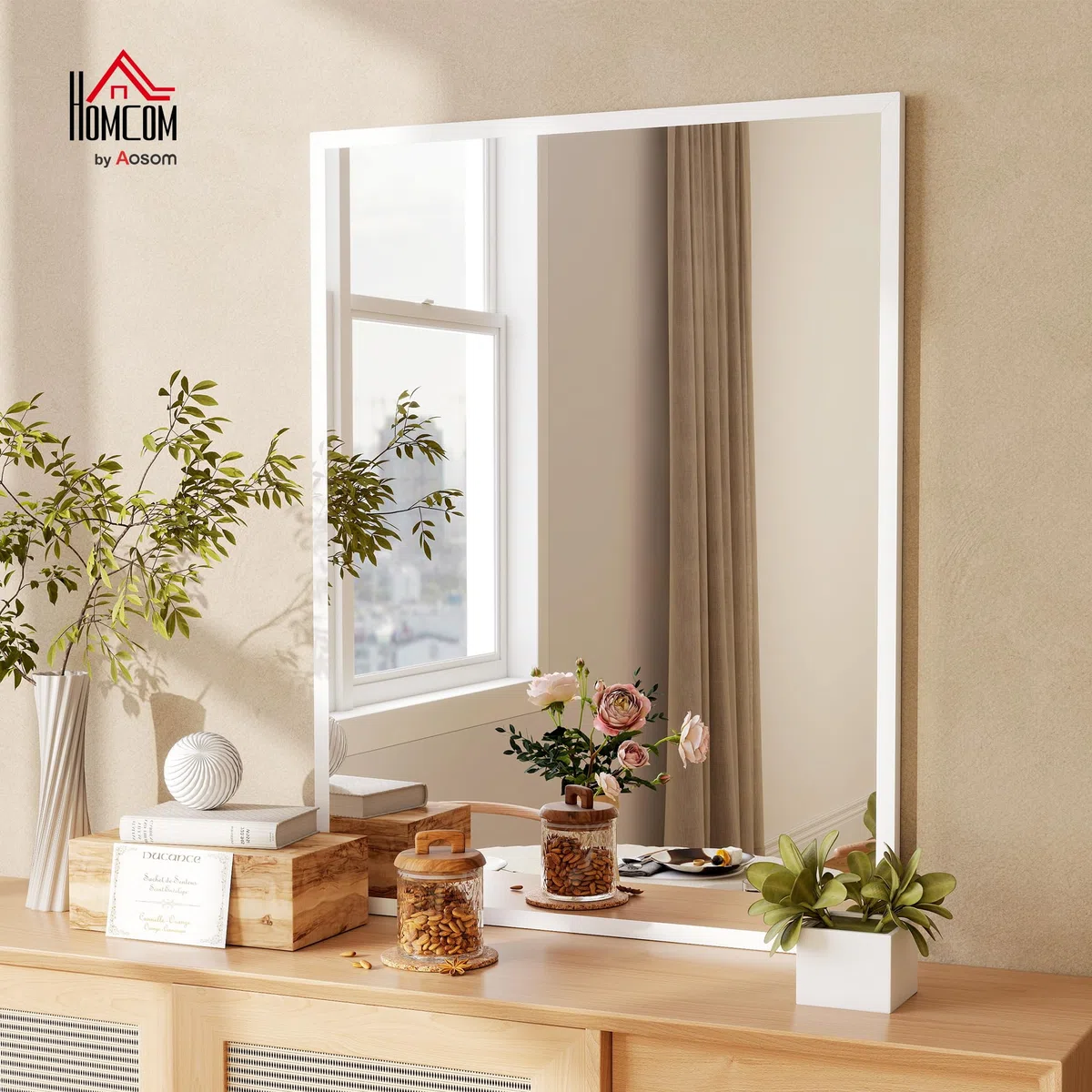 HOMCOM Espejo de Pared, 70x90 cm, Espejo de Baño Rectangular, Decorativo para Salón, Entrada, Pasillo, Horizontal o Vertical, Blanco
