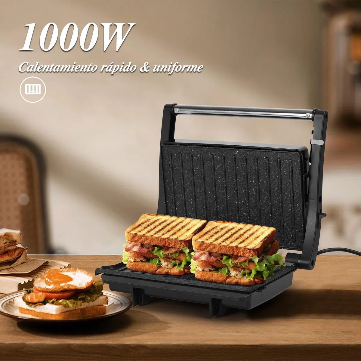 Aigostar York Pro - Sandwicheras y Panini, Parrilla Eléctrica, Grill con Placas Antiadherentes, 1000W, Apertura de 180º Dos Superficies de Cocinado de 23 x 14.5cm, Pinza de Cierre.