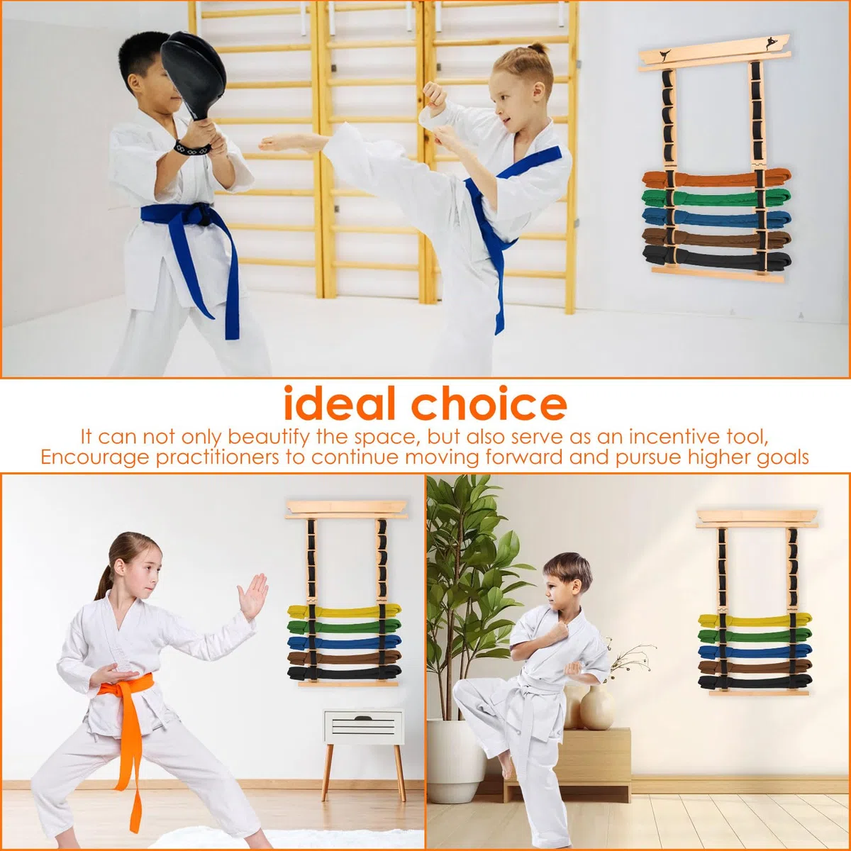 Soporte para cinturón Karate - 12 cinturones,Almacenamiento de cinturón de artes marciales de madera con colgador de medallas y pegatinas,Cinturón de artes marciales de madera,Equipo para