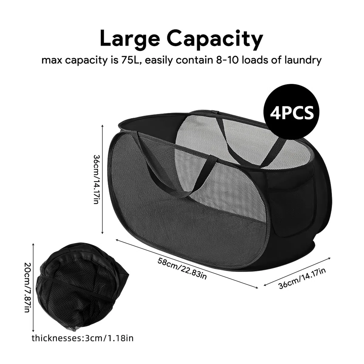 4 Piezas Cesta Plegable con Asa, Cesta Ropa Plegable con Asas, Cesta Portátil de Malla, Plegable Pop-Up Malla Cesto de Ropa, Pop-Up Laundry Basket para Baño, Dormitorio, Viajes (Negro) (Negro)