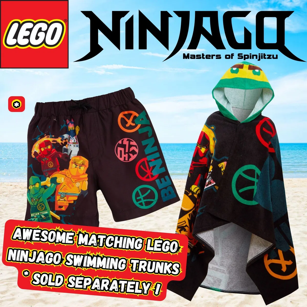 LEGO Toalla con capucha Ninjago para niños, poncho, toalla de playa, toalla de baño, envoltura para nadar