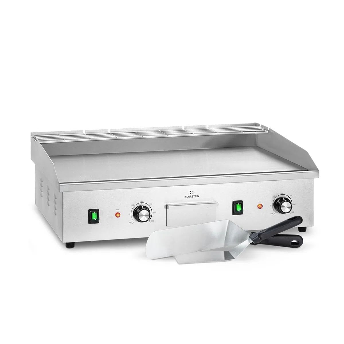 Klarstein Plancha Cocina Eléctrica Profesional, Grill de Acero Inoxidable, Antiadherente con Bandeja Aceite Extraíble, LED, 2 Espátulas, Plancha de Asar, Camping y Restaurantes 200W, Plata