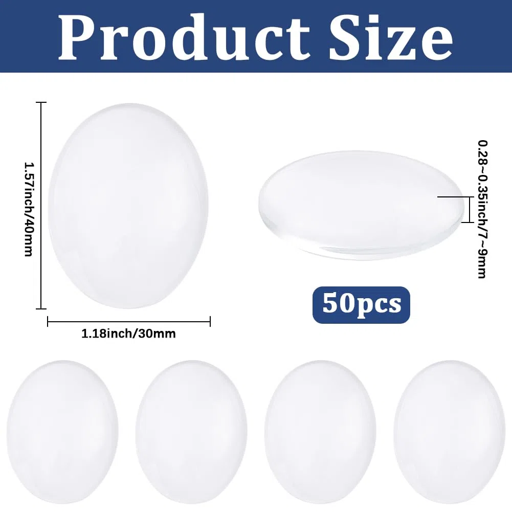 Beebeecraft 50 Pieza de Cabujones de Vidrio Ovalados con Parte Trasera Plana de 30x40mm Transparentes con Parte Trasera Plana para Camafeos Adornos de Cristal para Fotos Colgantes Manualidades