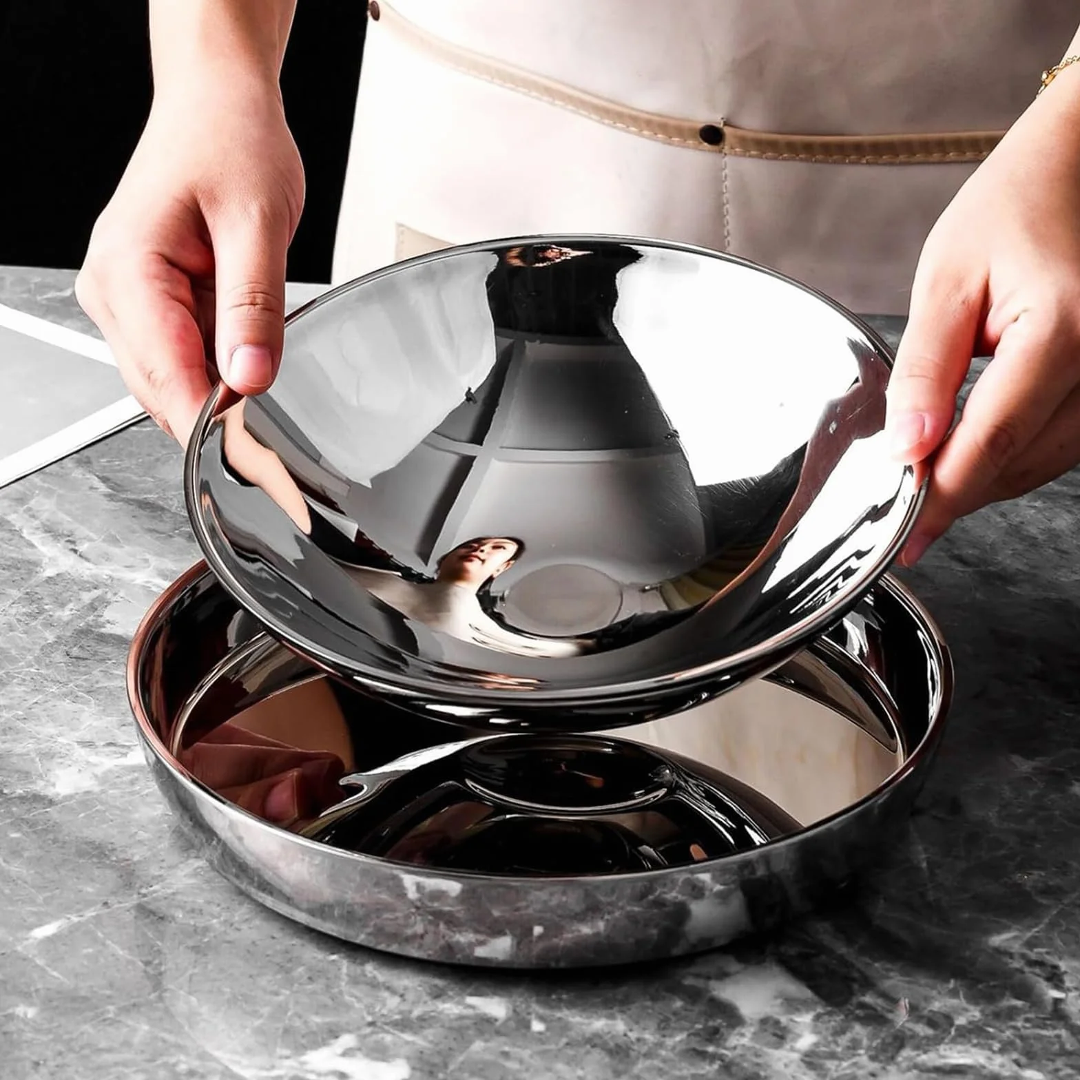 Juego de platos y cuencos de acero inoxidable, reutilizables, aislados de doble capa, diseño esférico resistente al calor para cocina y restaurante