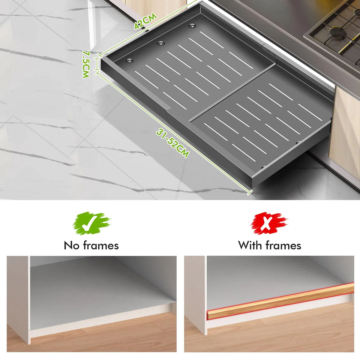 Mimoke Organizador de gabinete expandible y extensible, cajón telescópico para cocina con adhesivo, organizador de cajones de almacenamiento para cocina/baño (Gris titanio, (Pack de 2), Ancho 31-52 cm