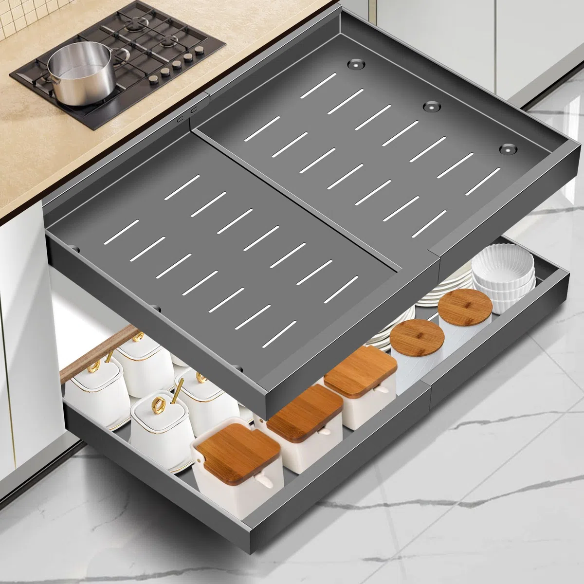 Mimoke Organizador de gabinete expandible y extensible, cajón telescópico para cocina con adhesivo, organizador de cajones de almacenamiento para cocina/baño (Gris titanio, (Pack de 2), Ancho 31-52 cm