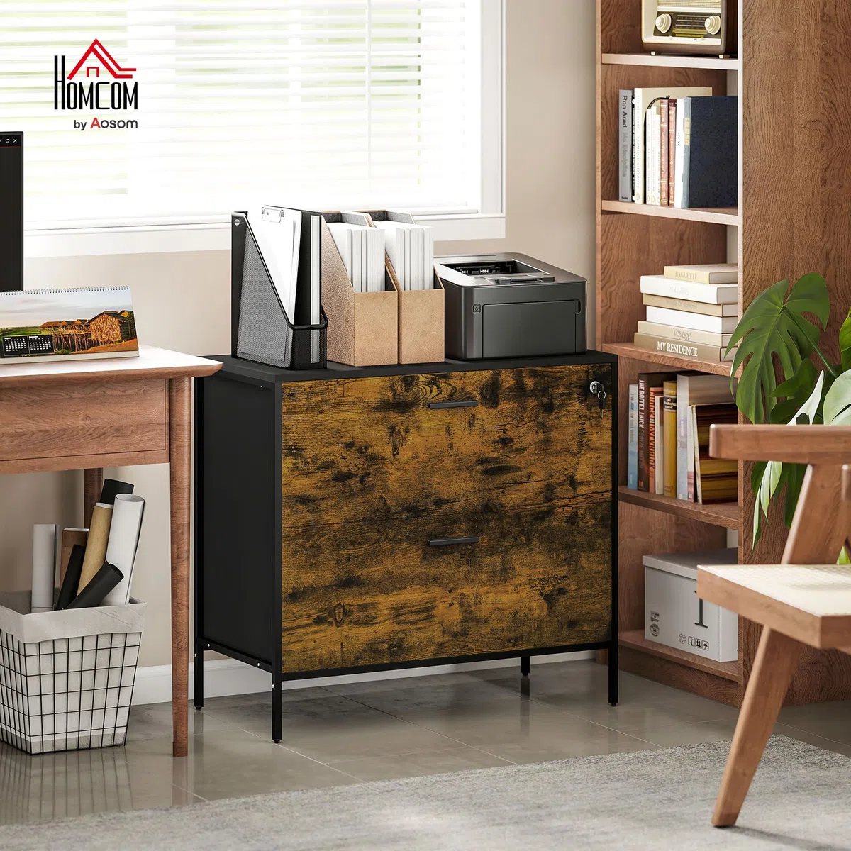 HOMCOM Cajonera de Oficina Industrial con 2 Cajones y Cerradura Cajonera para Archivadores con Carpetas Colgantes Tamaño A4 80x39x73,5 cm Marrón