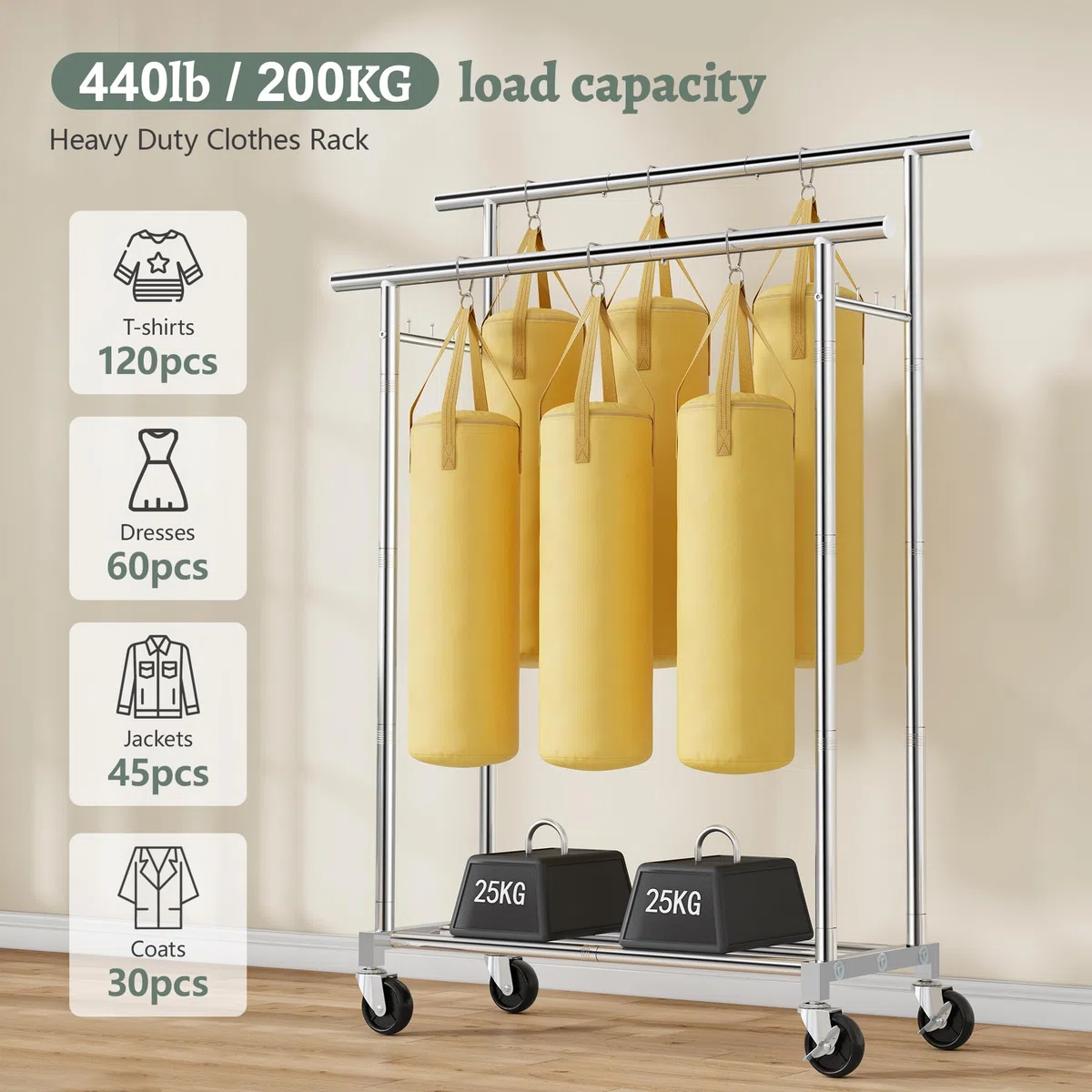 FAVOOSTY Burro para Ropa Resistente 200KG, Perchero Burro de Doble Barra, Marco Metálico, Burro de Ropa con Estante de Almacenamiento y Ruedas, para Dormitorio, Lavandería, Plateado