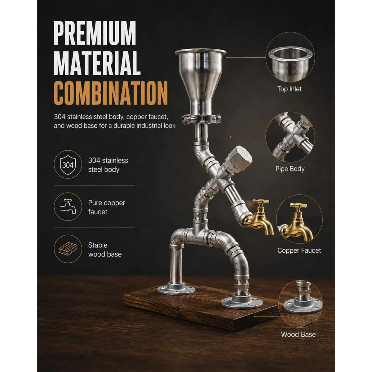 Dispensador de bebidas por gravedad de estilo industrial, dispensador de licor artesanal estilo steampunk, robot camarero con diseño de tuberías industriales, para bar en casa o pub.