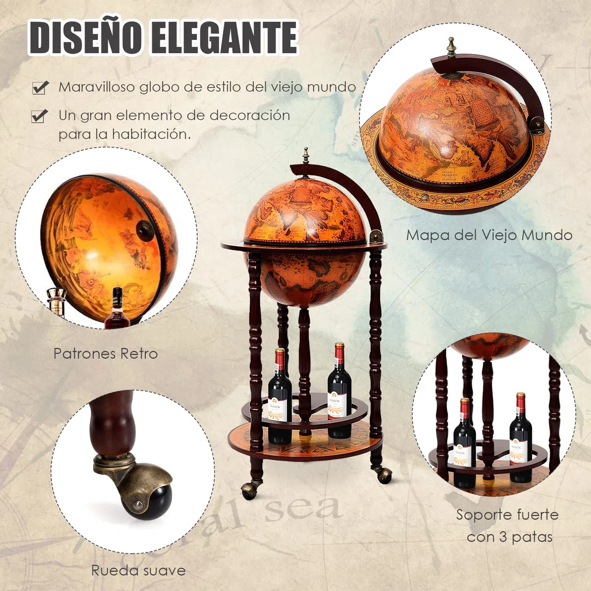 COSTWAY Globus Bar de Madera, Barra de Globo, con Ruedas, Carrito de Bar, Bar, botellero 45 x 45 x 88 cm, marrón, Aprox. 45 x 45 x 88 cm (Largo x Ancho x Alto) | Mueble Bar de Globo Terráqueo con Ruedas, Botellero Minibar Retro para Vino Cóctel Whisky