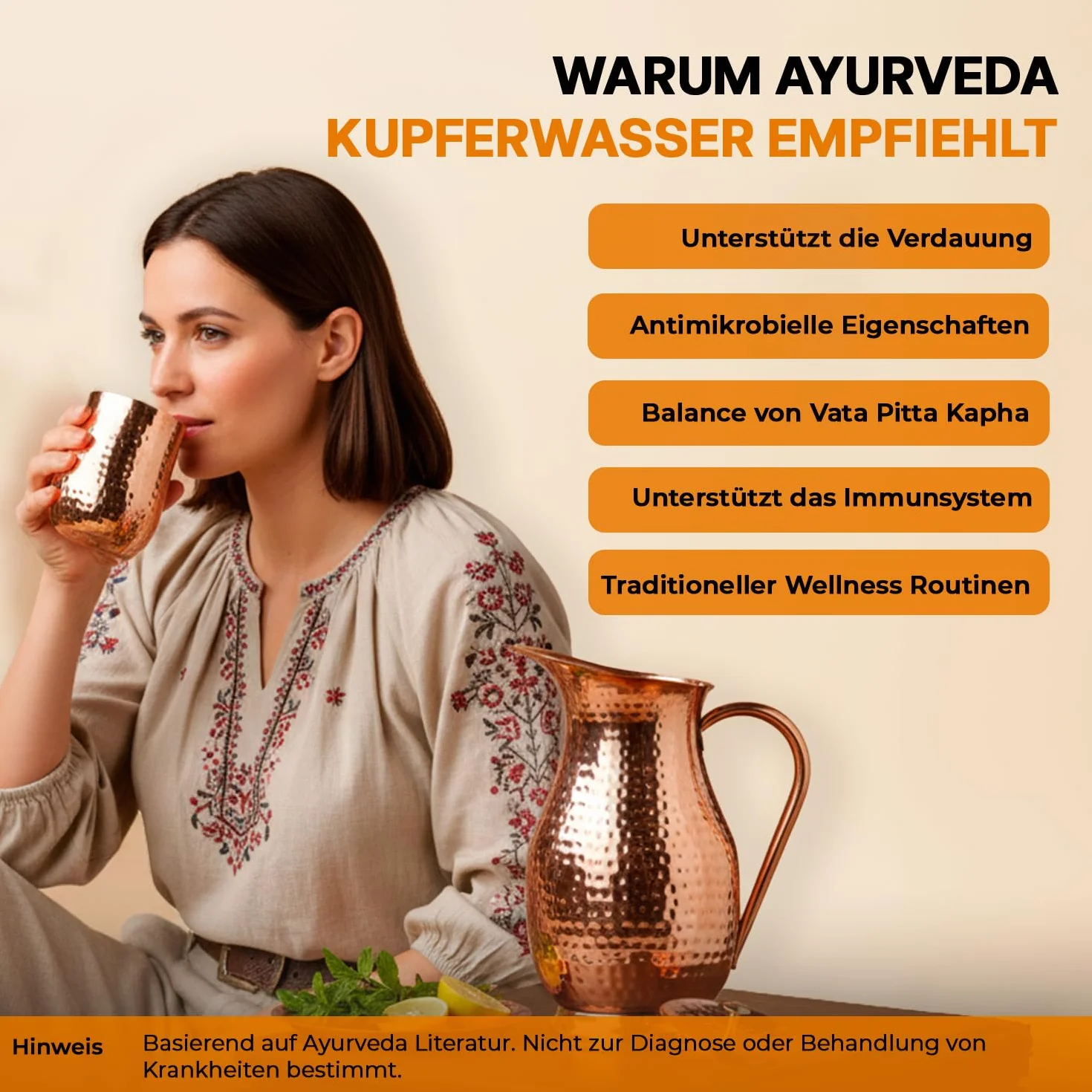 Jarra de cobre puro Royal de 1800 ml, 99,99% de cobre de grado alimenticio, sin BPA y a prueba de fugas, inspirada en Ayurveda para inmunidad, digestión, hogar y oficina