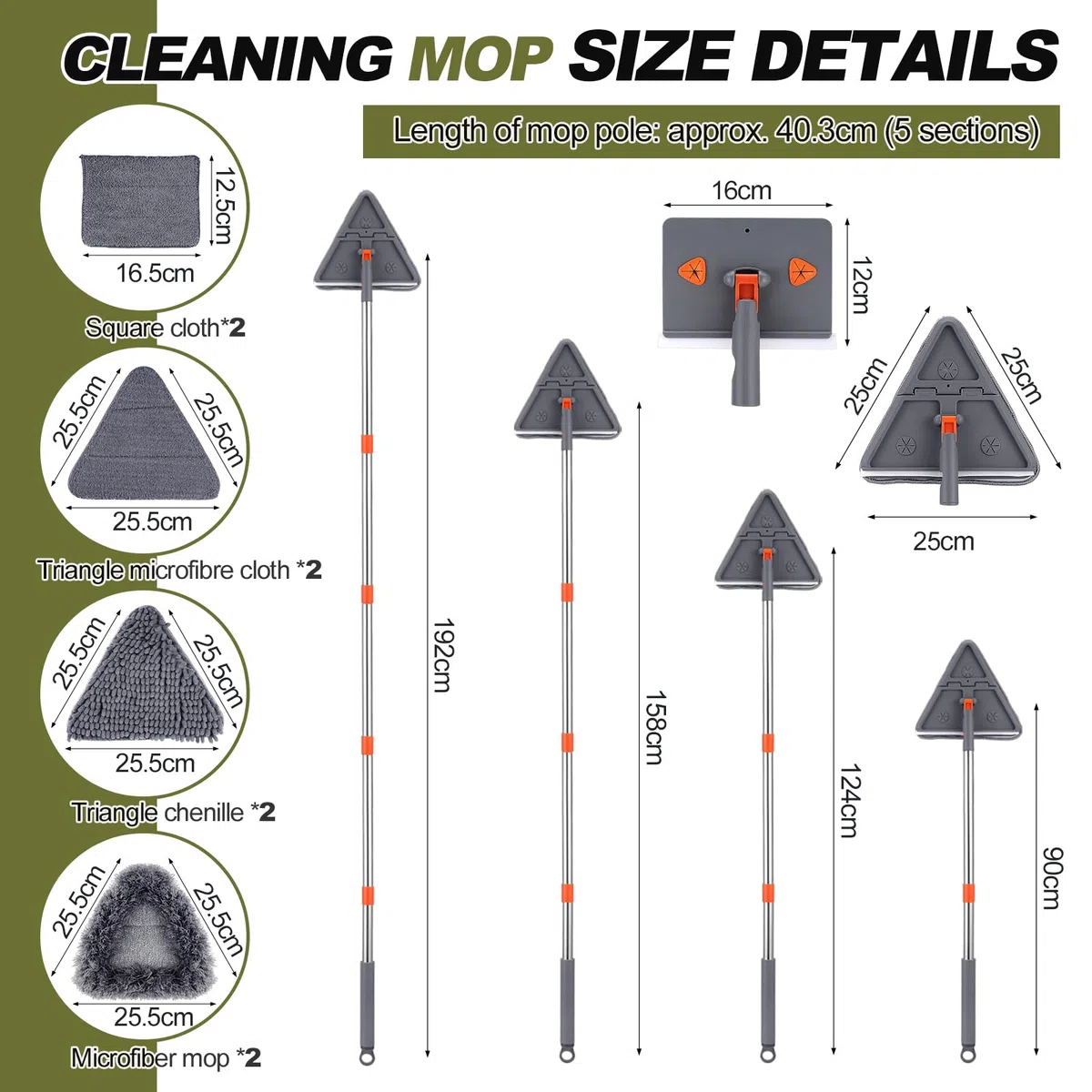 Trapeador de Limpieza Triangular, Limpiador de Pared Mopp con Mango Largo, Mopa Limpia Paredes con Rasqueta, Mopa Triangular Giratoria 180º para Limpiar Azulejos con 8 Paños (4 en 1)