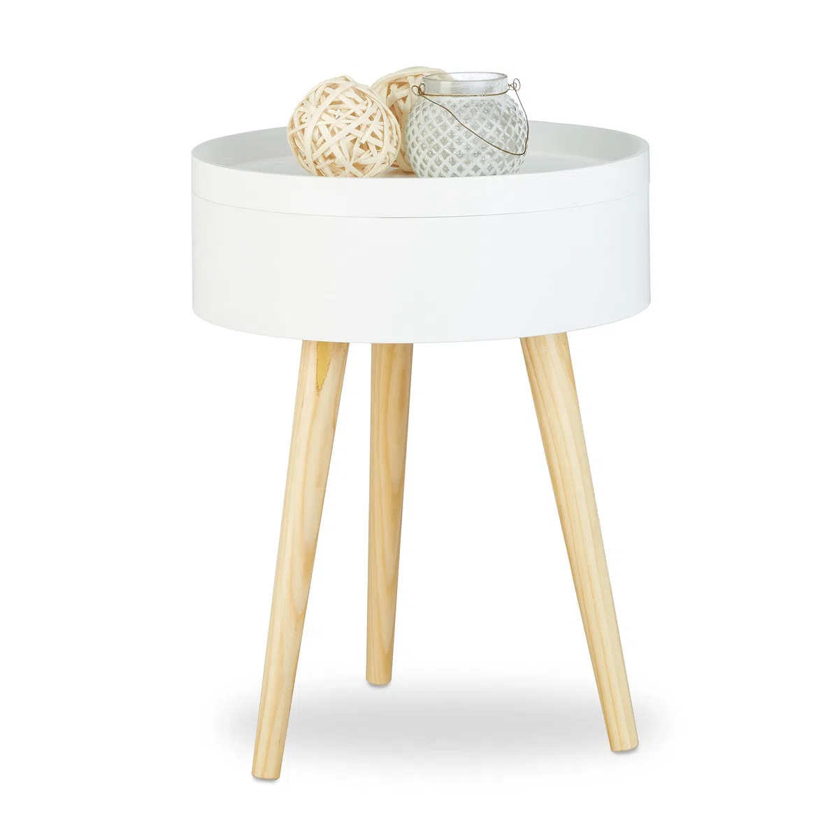 Relaxdays Mesa Auxiliar Redonda Nórdica con Bandeja, Madera, Blanco, 50x38x38 cm