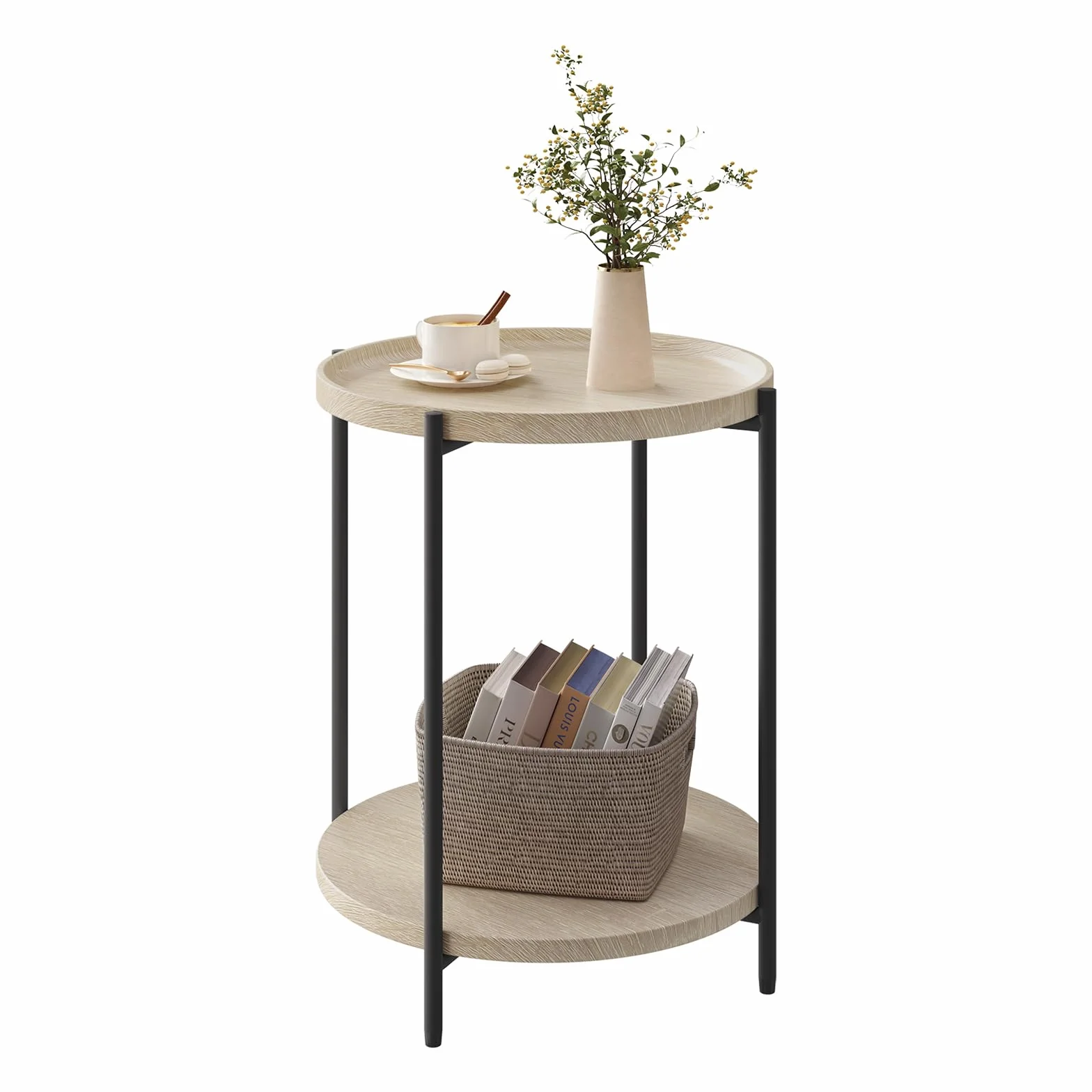 WOLTU Mesa de Centro, Mesa Auxiliar Redonda con 2 Estantes, Mesita de Noche, Mesilla para Sofá Dormitorio y Salon, MDF+Metal, Roble Claro y Negro, 43x43x51 cm, BTS06hei
