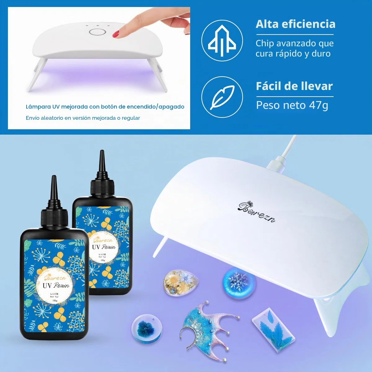 Bsrezn 200G Kit de Resina UV con Lampara UV Resina Epoxi, Resina UV Transparente Joyeria Premixada, UV Resin de Curado Rápido para la Fabricación de Joyas, DIY, Decoración de Casa