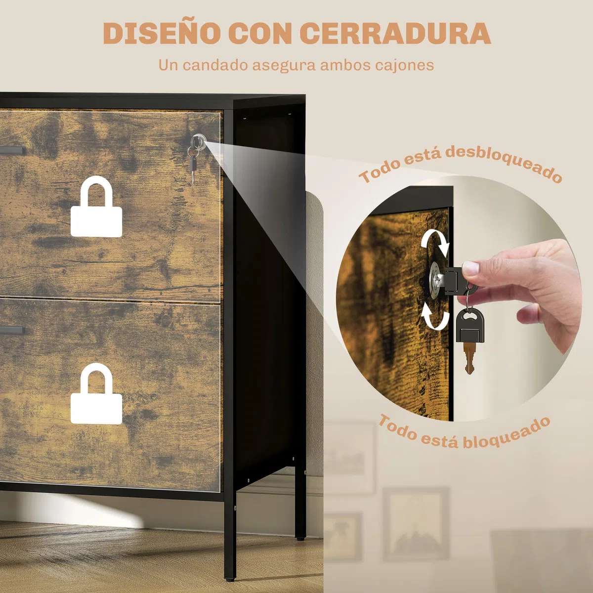 HOMCOM Cajonera de Oficina Industrial con 2 Cajones y Cerradura Cajonera para Archivadores con Carpetas Colgantes Tamaño A4 80x39x73,5 cm Marrón