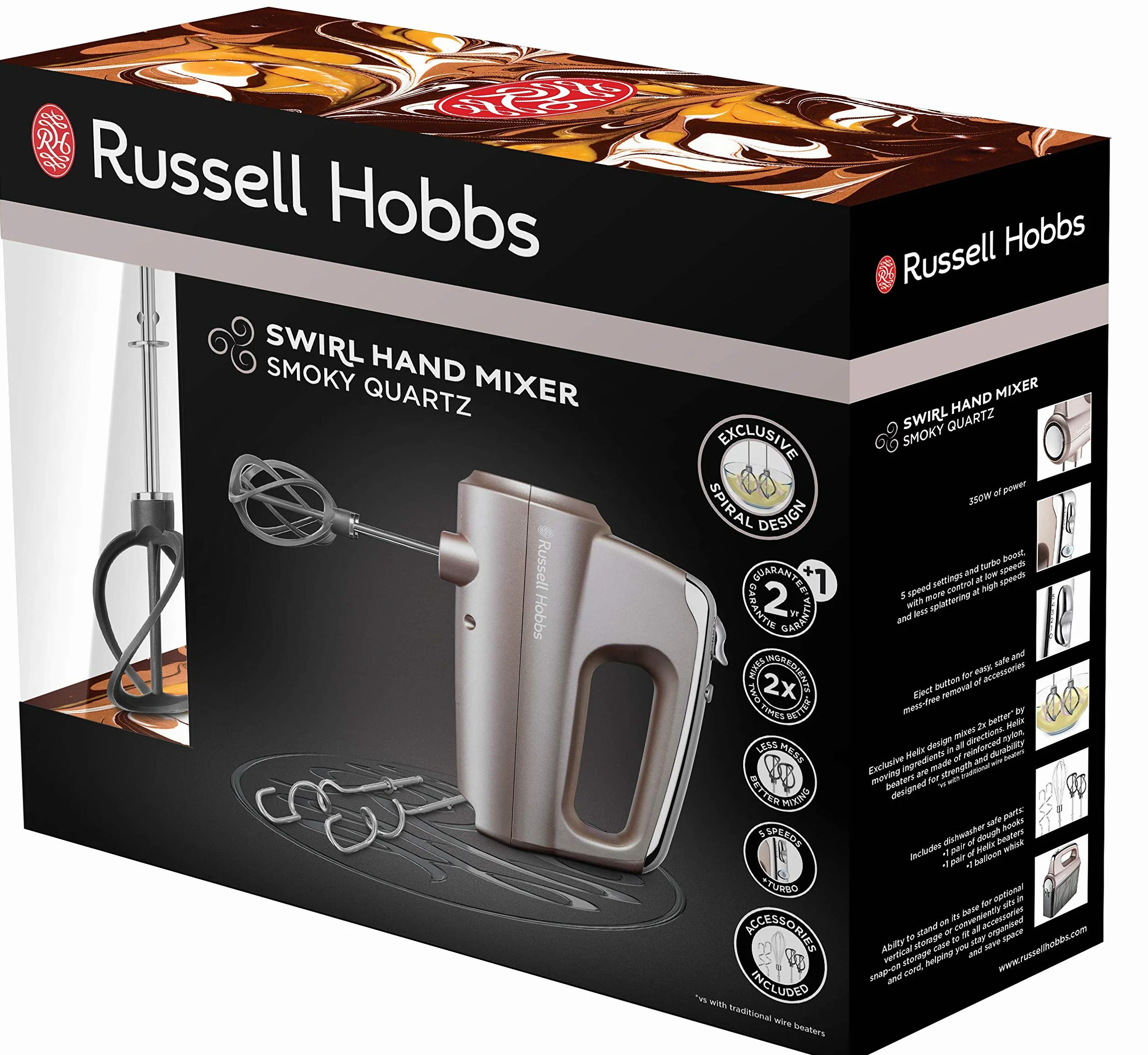 Russell Hobbs Batidora Amasadora Swirl Smoky Quartz - Batidora Varillas, 2 Varillas Batidoras, 2 Ganchos para Masa, 5 Velocidades, Función Turbo, Accesorios Aptos para Lavavajillas - 25892-56