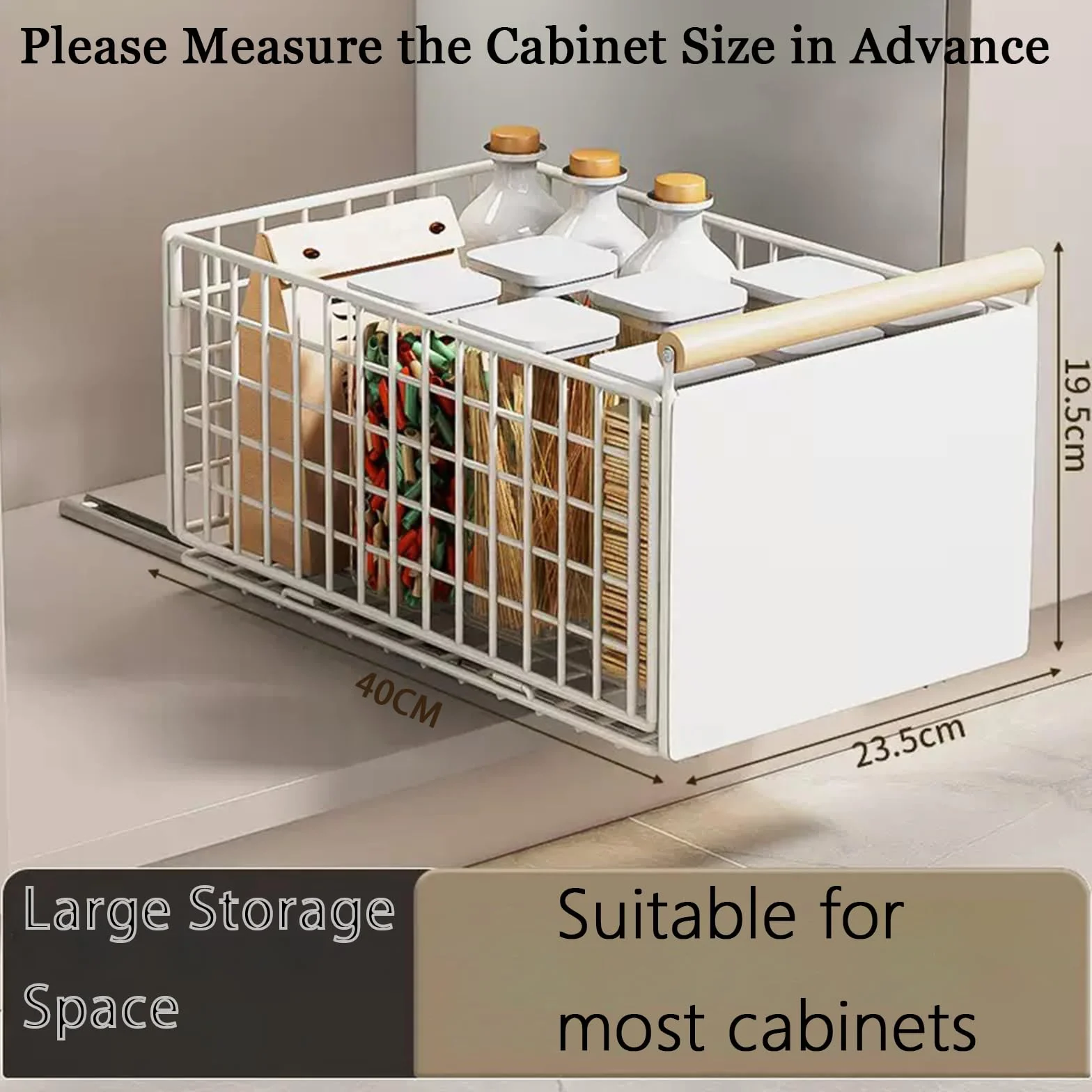 2 Piezas Cajones extraibles para Cocina, organizador de telescopio cajones más profundo con guías para cajones y manija de madera, cajón extraíble de metal Cocina - 40 L x 24 W x 19,5 H CM