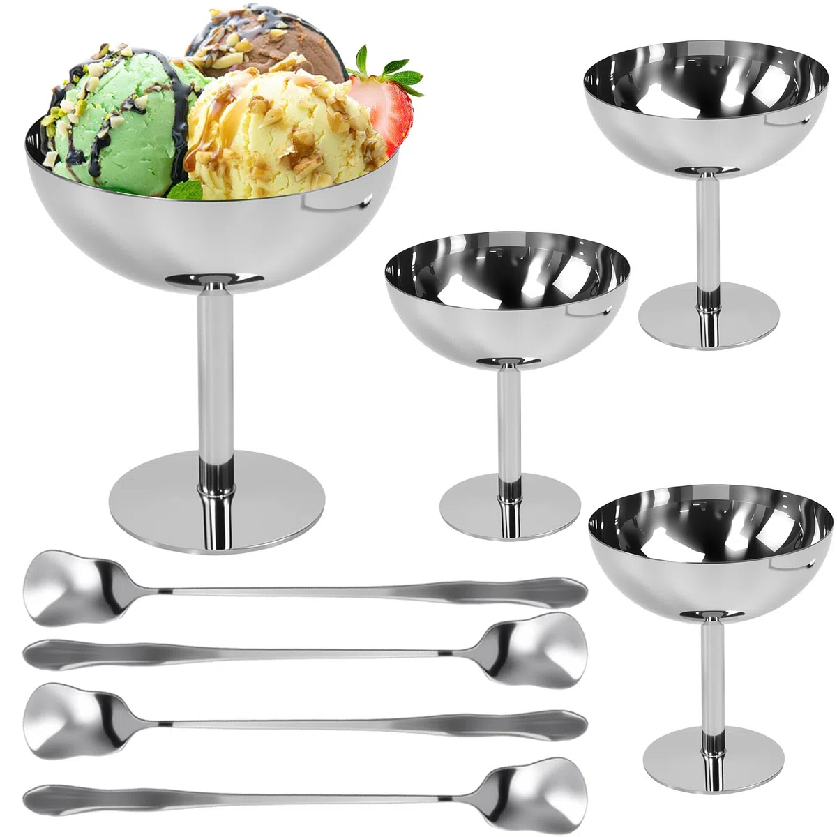 4 Pack Copa de Helado Acero Inoxidable 304 200ml Vaso Helado Acero Taza para Helado Cuenco Metalico para Postres Bol para Helado con 4 Cucharas para Postres, Aperitivos y Uso Familiar Fiesta