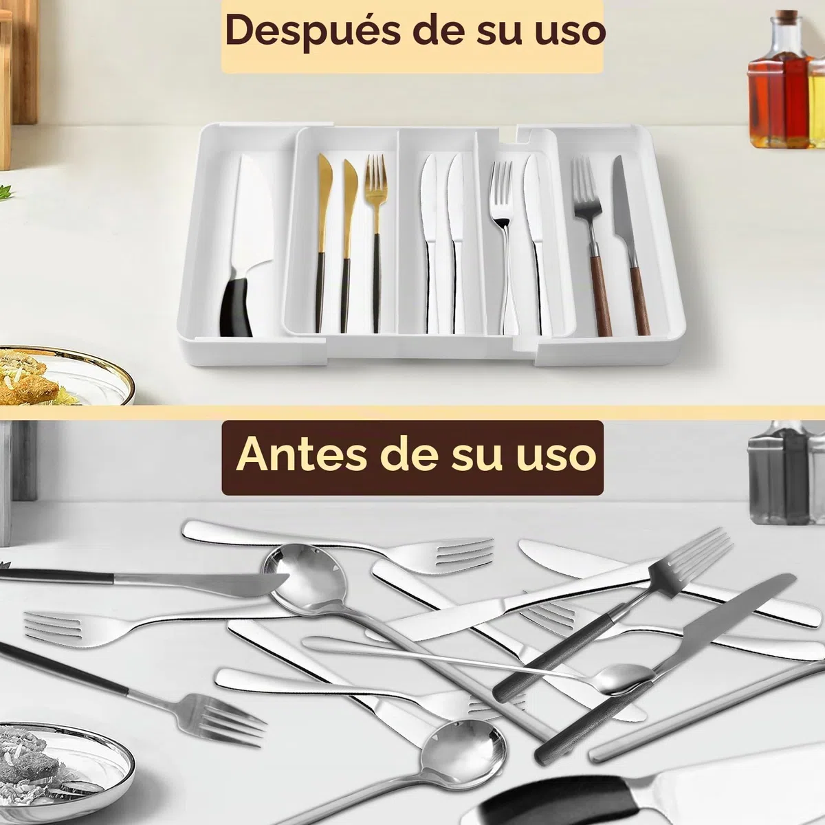 2 Piezas Cuberteros para Cajon Cocina, Ajustable Organizador Cubiertos para Cajon, Expandible Organizador Cajones Cocina, Profundidad 27 cm, Ampliable a 45,5 cm, para Cubiertos