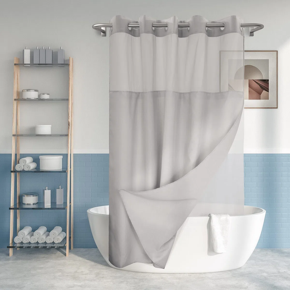 Juego de Cortina de Ducha Texturizada sin Gancho con Forro de PEVA a presión, 71 x 74 Pulgadas, Estilo Hotel con Ventana Superior Transparente, Lavable a máquina y Repelente al Agua, Gris, 71 x 74