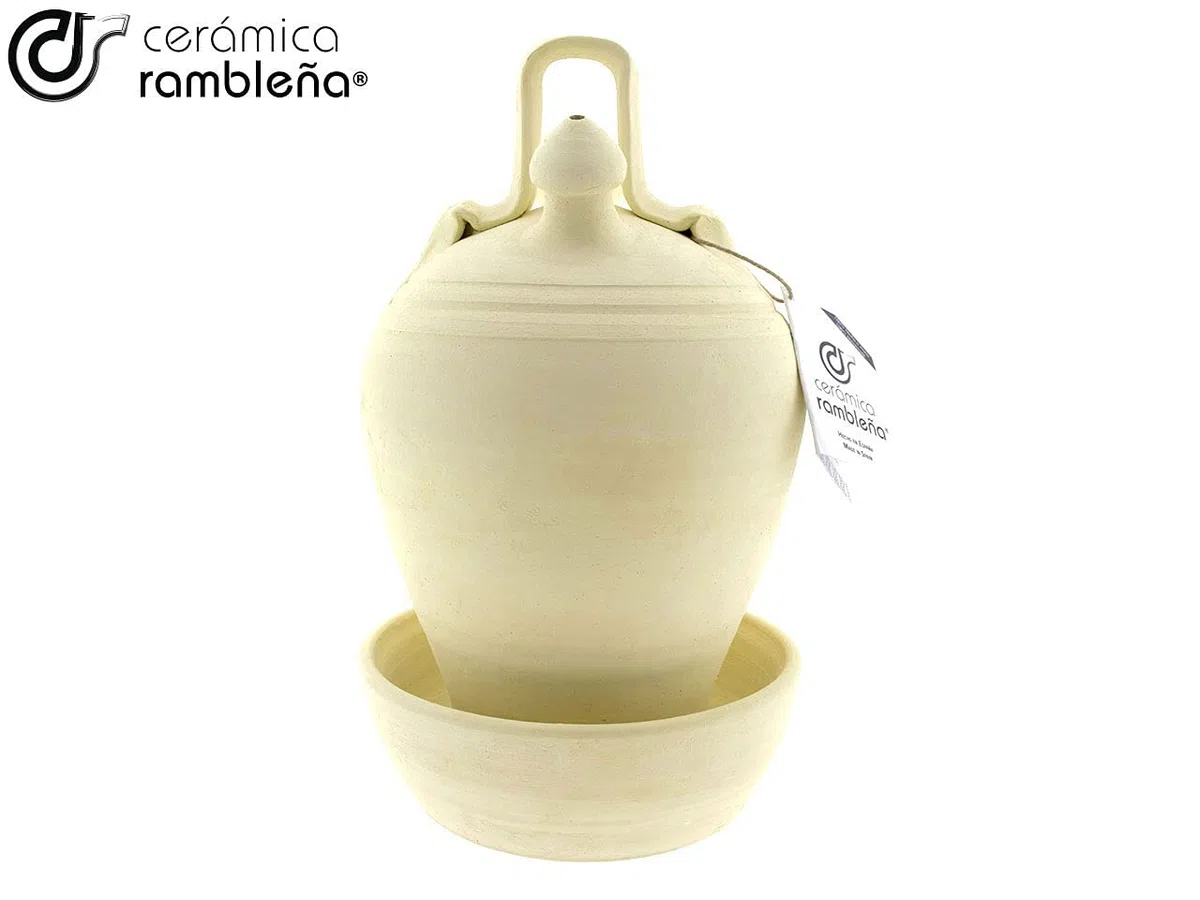 CERÁMICA RAMBLEÑA | Botijo de barro tradicional base vuelta de La Rambla (Córdoba) | 100% Hecho a mano | 3 litros | ECO | Plato INCLUIDO