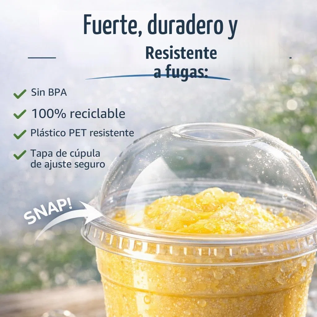 Sabco,50 vasos de plástico de 12 onzas con tapas- Taza transparente ideal para batidos de frappe, jugo de batido, taza Boba y pajita, bebida granizado, perfecto para llevar y restaurantes.