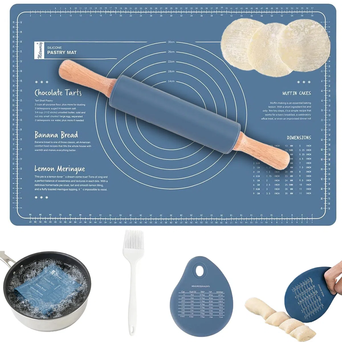 Juego de 4 Alfombrillas de Rodillo Y Silicona, Rodillo Amasar de Superficie Antiadherente con Azul Tapete para Hornear, Rodillo de Silicona con Mango de Madera para Pasta Pizza Torta
