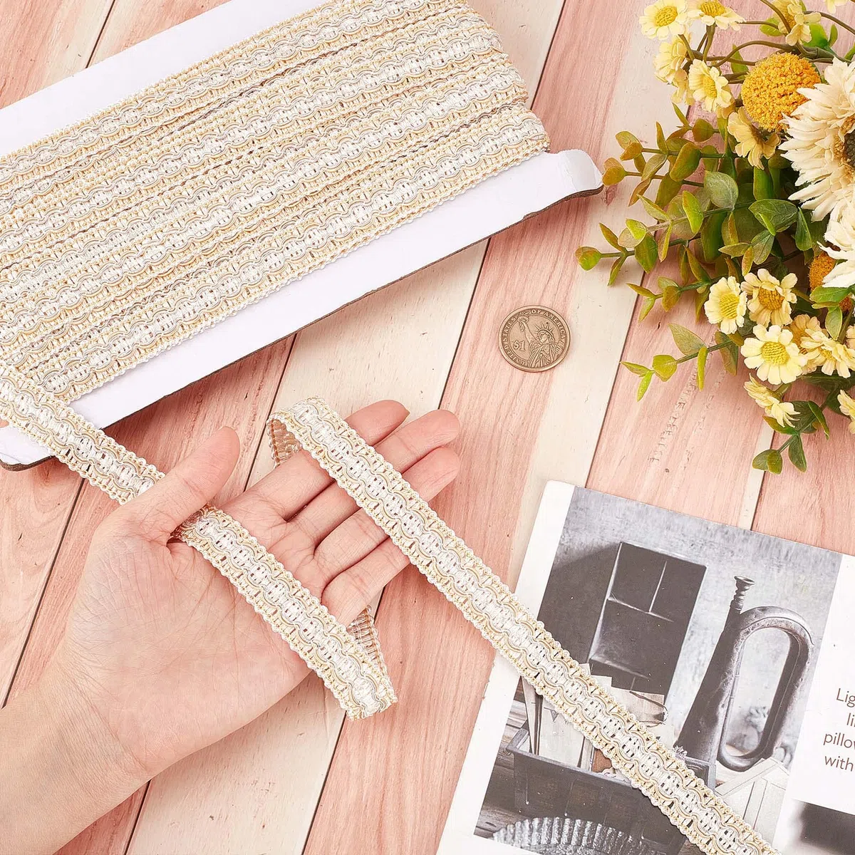 GORGECRAFT Trigo Gimp Trenza Trim 15.3 Yarda Tela de Poliéster Cinta de Costura Tejida Ribete Básico Flecos Tapicería Adornos para Cortina Slipcover DIY Artesanía Fabricación de Joyas Adornos