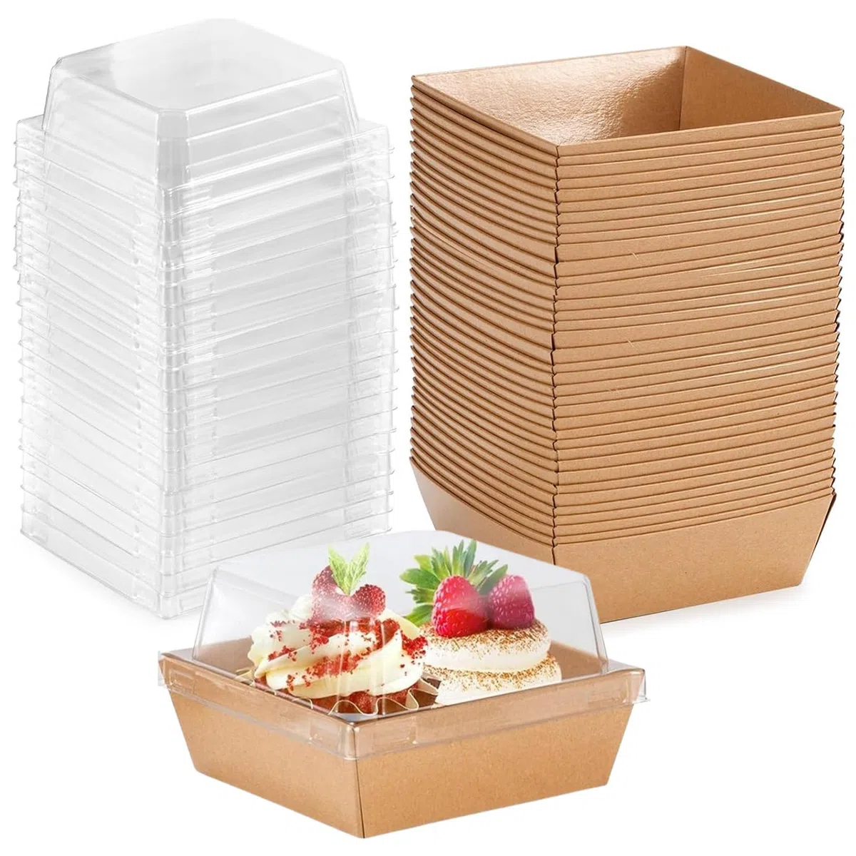 50 Piezas Cajas para Rebanadas de Pastel con Tapas Transparentes, 12CM Cajas de Postre a Prueba de Aceite para Pastelería, Caja de Pastel Independiente, Para Pasteles, Sándwiches, Galletas(Marrones)