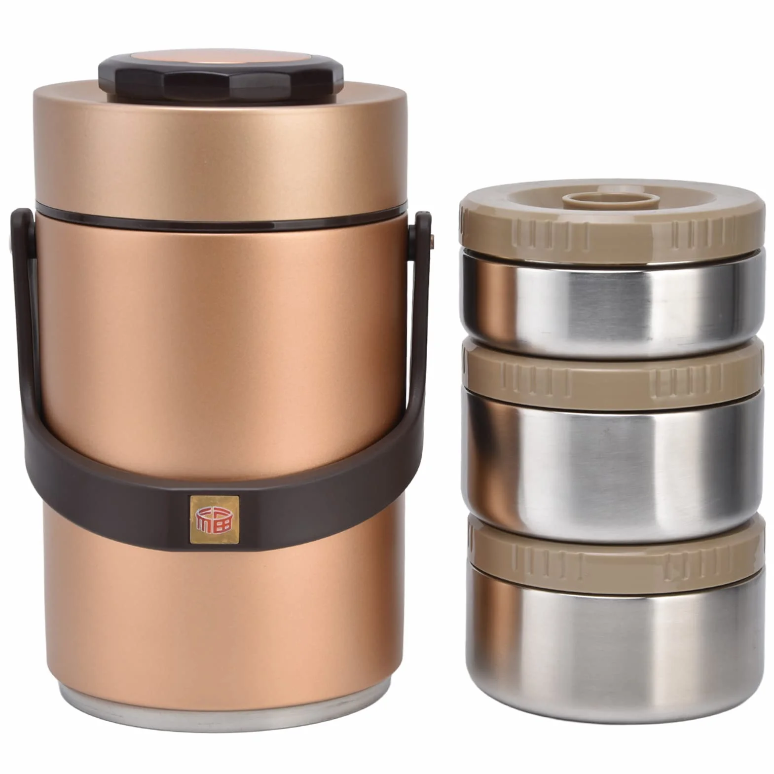 BuyWeek Tarro de Comida Aislado Contenedor de Almuerzo Aislado, 3 Capas de 2,3 L de Acero Inoxidable 304 para Viajes de Trabajo (Oro)