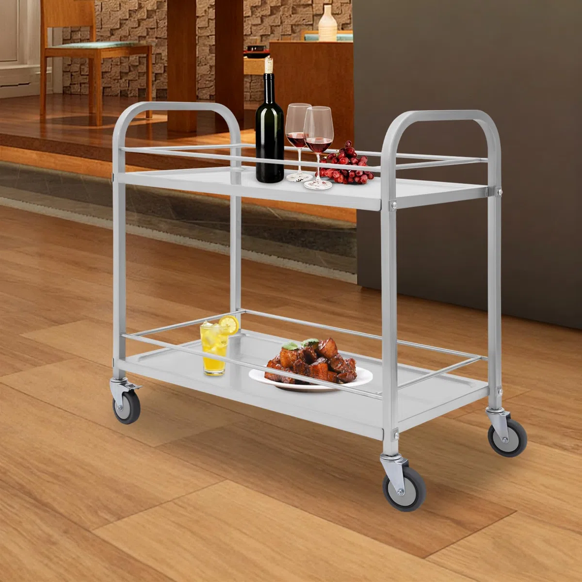 Carro de servicio de acero inoxidable con 2 estantes y estructura de tubo redondo, carro de servicio pesado con 4 ruedas, 2 frenos, capacidad de carga: 75 kg