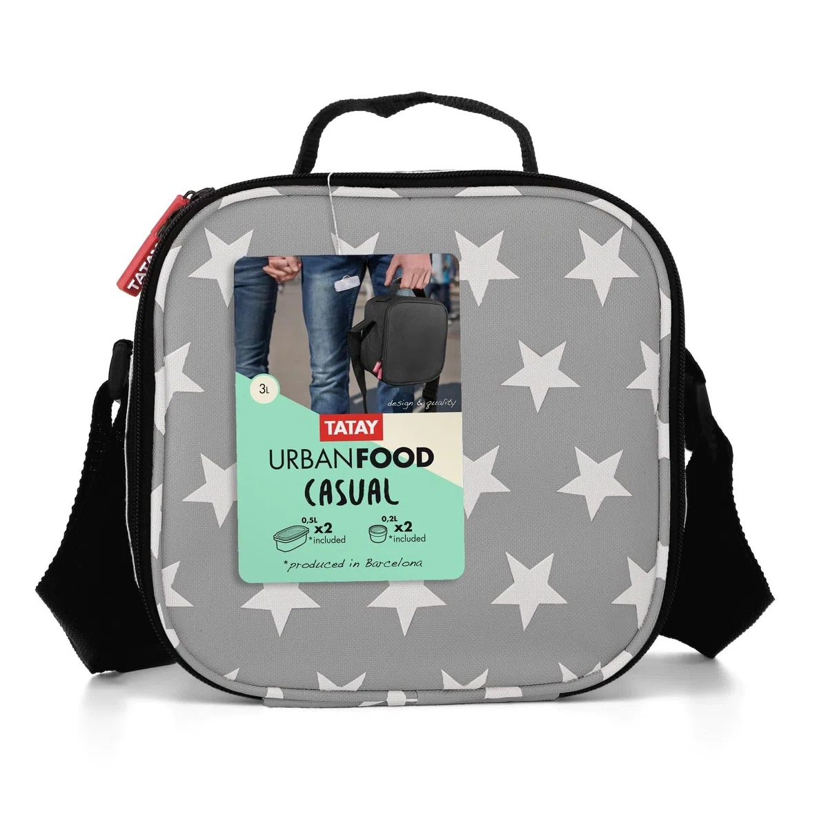 Tatay Bolsa Termica Porta Alimentos Impermeable - Urban Food Casual 3L | 4 Fiambreras: 2x0,5L + 2x0,2L | Triple Capa Aislante | Cuerpo Semirrígido | Bolsillo Interior | 22,5x10x22cm, Estrellas Gris