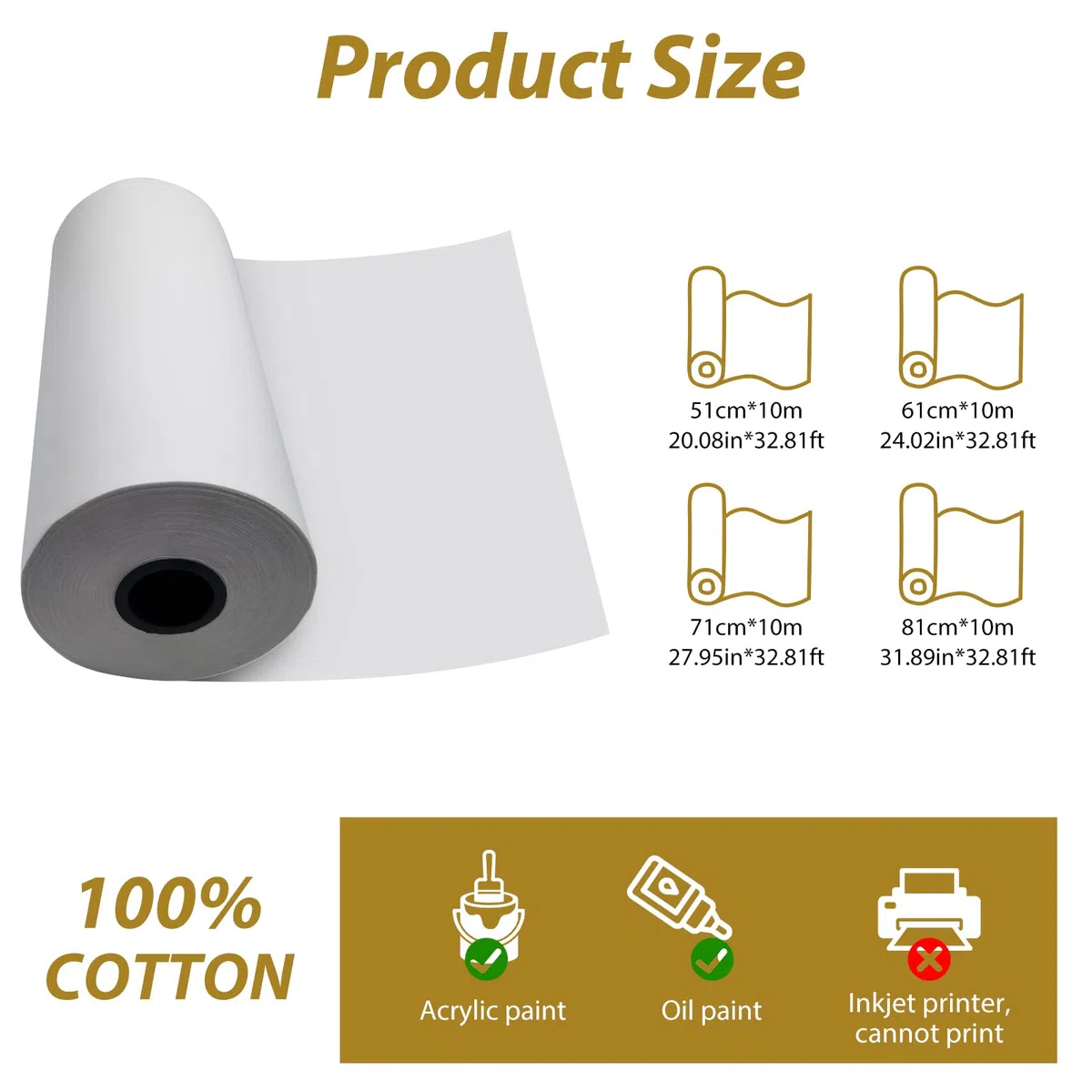 Rollo de lona de algodón, 61 cm x 10 m, lienzo para pintar 280 g/m², preimprimado, blanco puro, tela de pintura tejida fuerte para acrílico y pintura al óleo, proyectos de arte de bricolaje (61 cm x