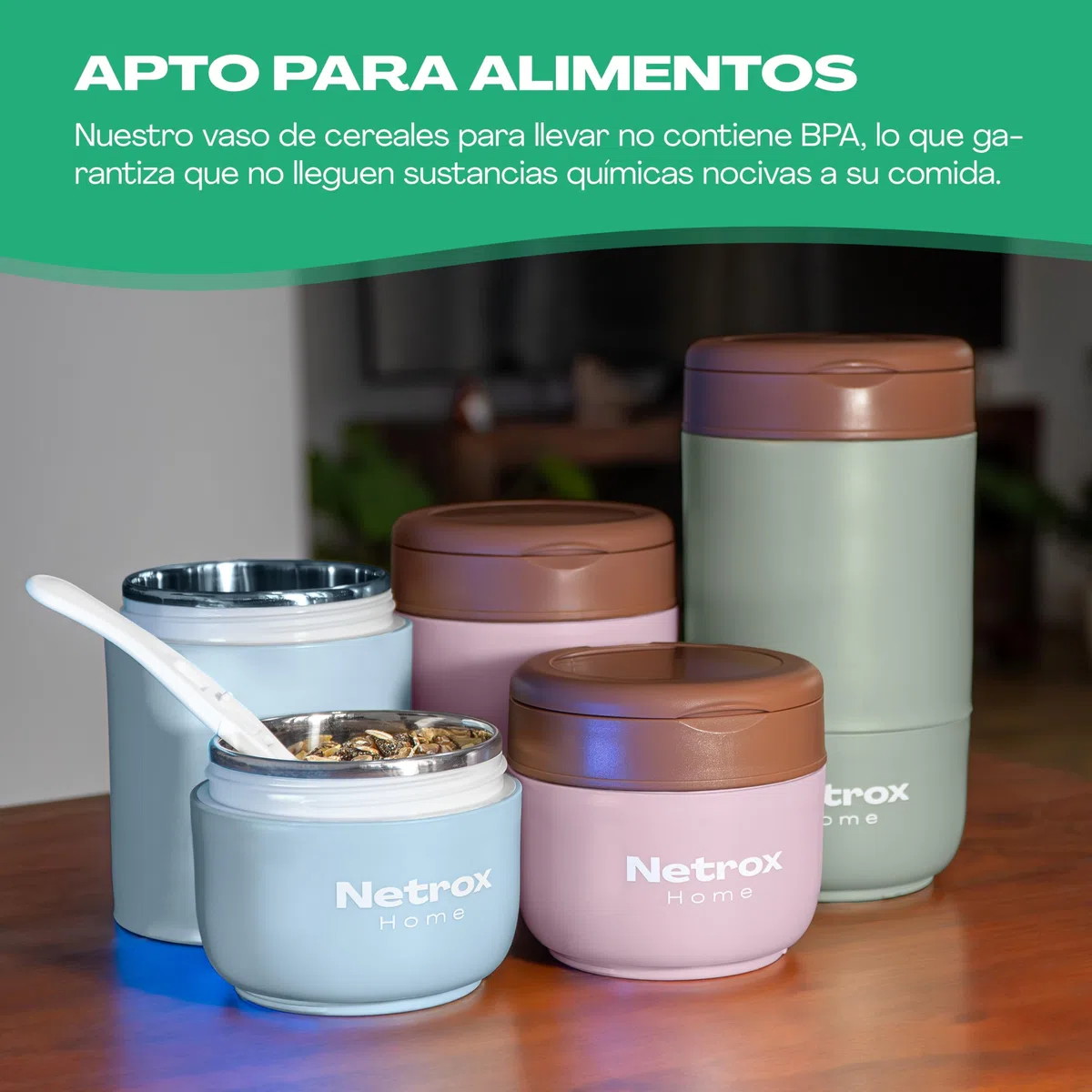 NetroxHome - Taza Cereales con Cuchara para Llevar, Taza de Yogur de Acero Inoxidable a Prueba de Fugas, Fiambrera - para Yogur Comida - verde