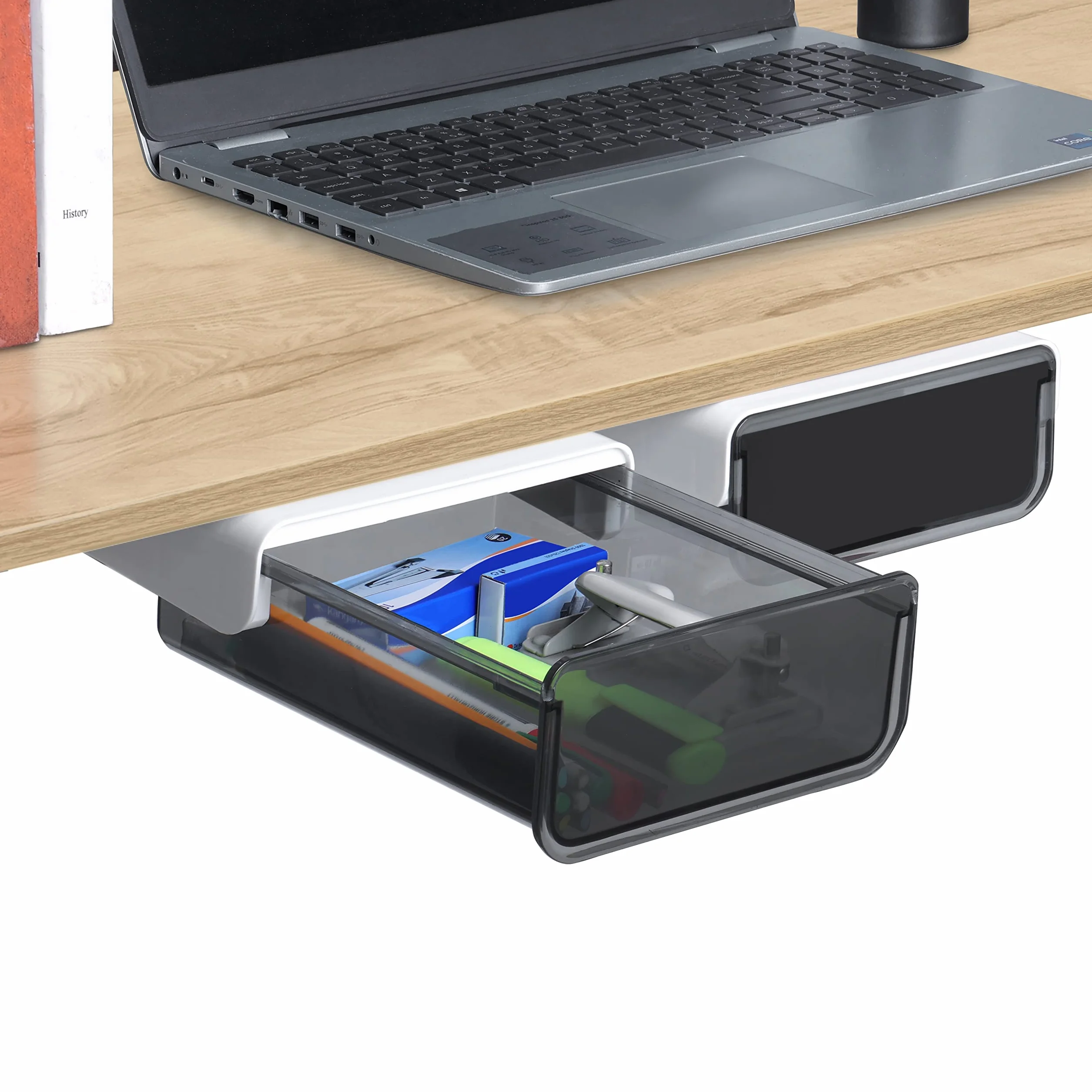 Cajones Extraíbles Adhesivos [Pack de 2] - Cajas Organizadoras de Plástico Multiusos para Debajo de la Mesa con Respaldo Autoadhesivo para Accesorios, Bandeja de Almacenamiento para Artesanías