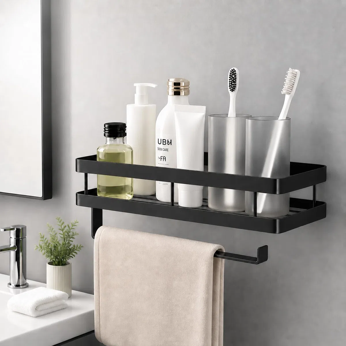 Especiero de Pared Sin Taladrar con Portarrollos de Cocina, Organizador de Cocina de Acero al Carbono Negro, Estante para Especias con 4 Ganchos para Utensilios y Paños