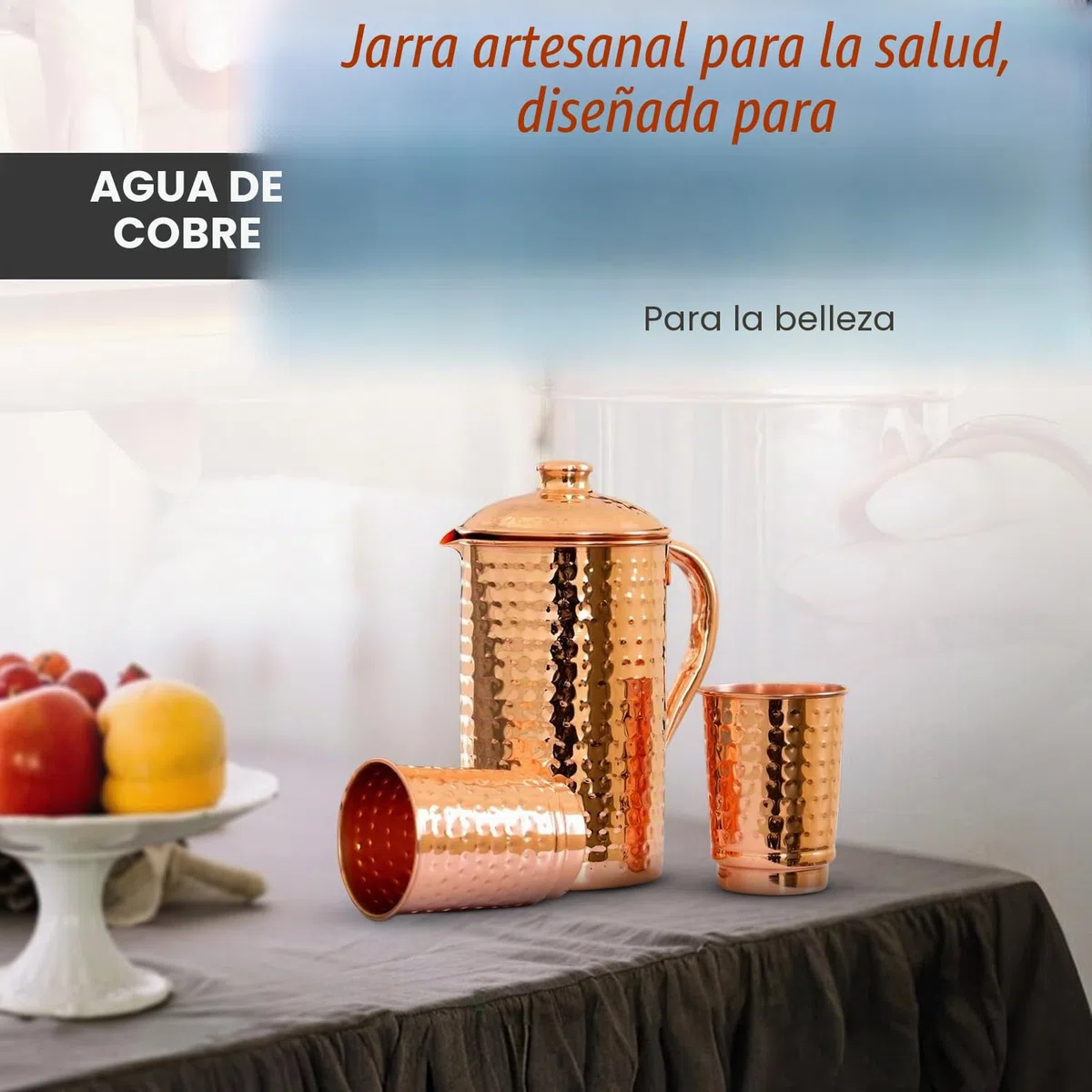 Jarra de cobre 100% puro de 1500 ml con 2 vasos, martillada de agua potable con vasos, juego de tapa y tazas, botella de agua con mango, beneficios para la salud