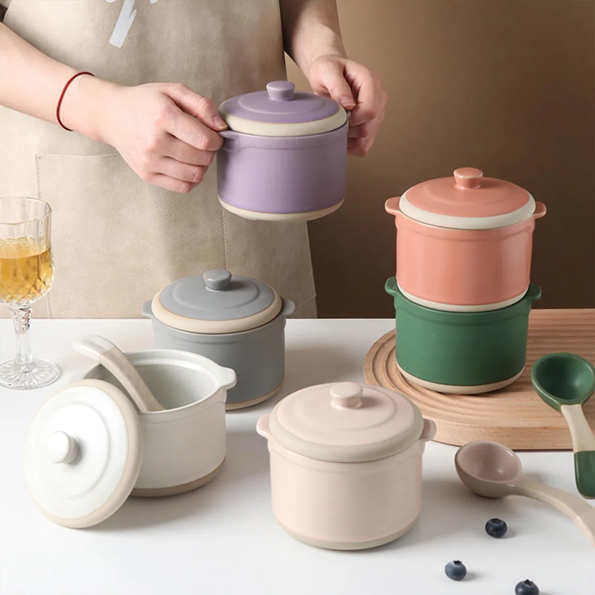 Cuenco pequeño con tapa y cuchara, 400 ml, apto para horno y microondas, tazas de caldo (color morado)