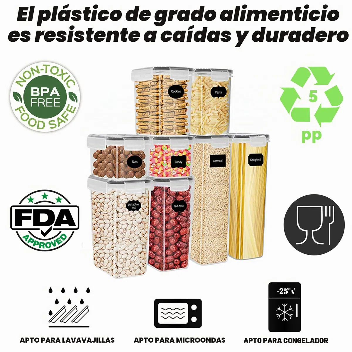 Botes Cocina Almacenaje 8 Piezas, Recipientes para alimentos de Plástico de Alimentos Sellados con Tapa, Se Utiliza para Almacenar Cereales, Pasta, Arroz, Harina (2.8L+2L+1.4L+0.8L)