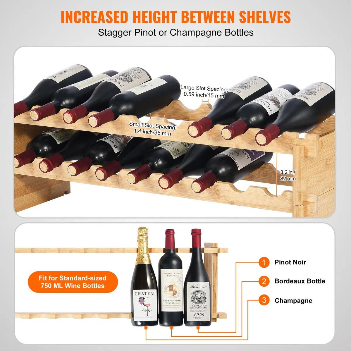 VEVOR Botellero Apilable de Vino 18 Botellas Estante de Almacenamiento de Bambú 850x250x275 mm Botellero Independiente de 2 Niveles Estantes sin Sacudidas para Cocina, Bar, Bodega, Color Natural