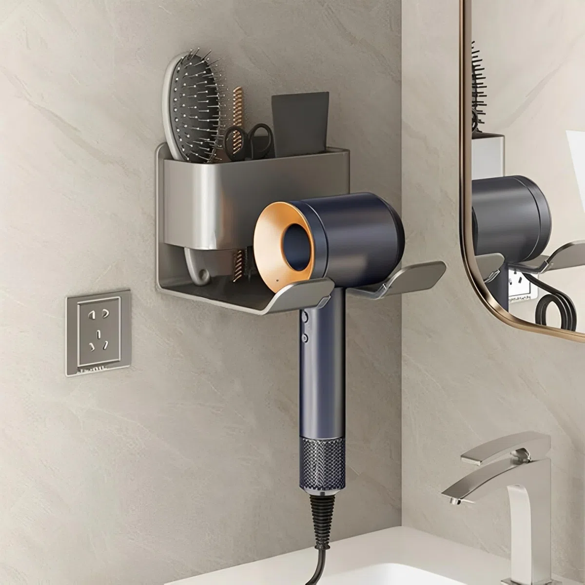 Soporte para secador de pelo, montaje en pared, soporte de almacenamiento de aluminio de alta calidad para secadores de pelo, herramientas de peinado y accesorios con gestión de cables, apto