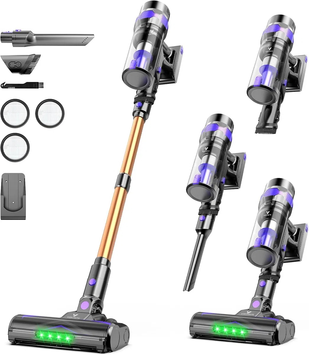 Aspiradora sin Cable 500W/60Mins, 1.3L Aspirador de Mano con Cepillo Antienredos, Carga de Pared, Pantalla Táctil, 6 en 1 Escoba Aspiradora para Suelos Alfombras Pelo de Animales