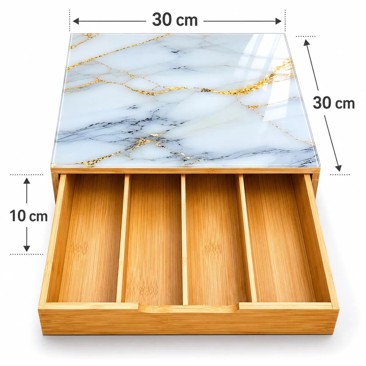 Cajón para cápsulas de bambú con superficie de cristal efecto mármol, organizador de cápsulas de café, 3 compartimentos, porta cápsulas y monodosis, ahorra espacio para cocina y café