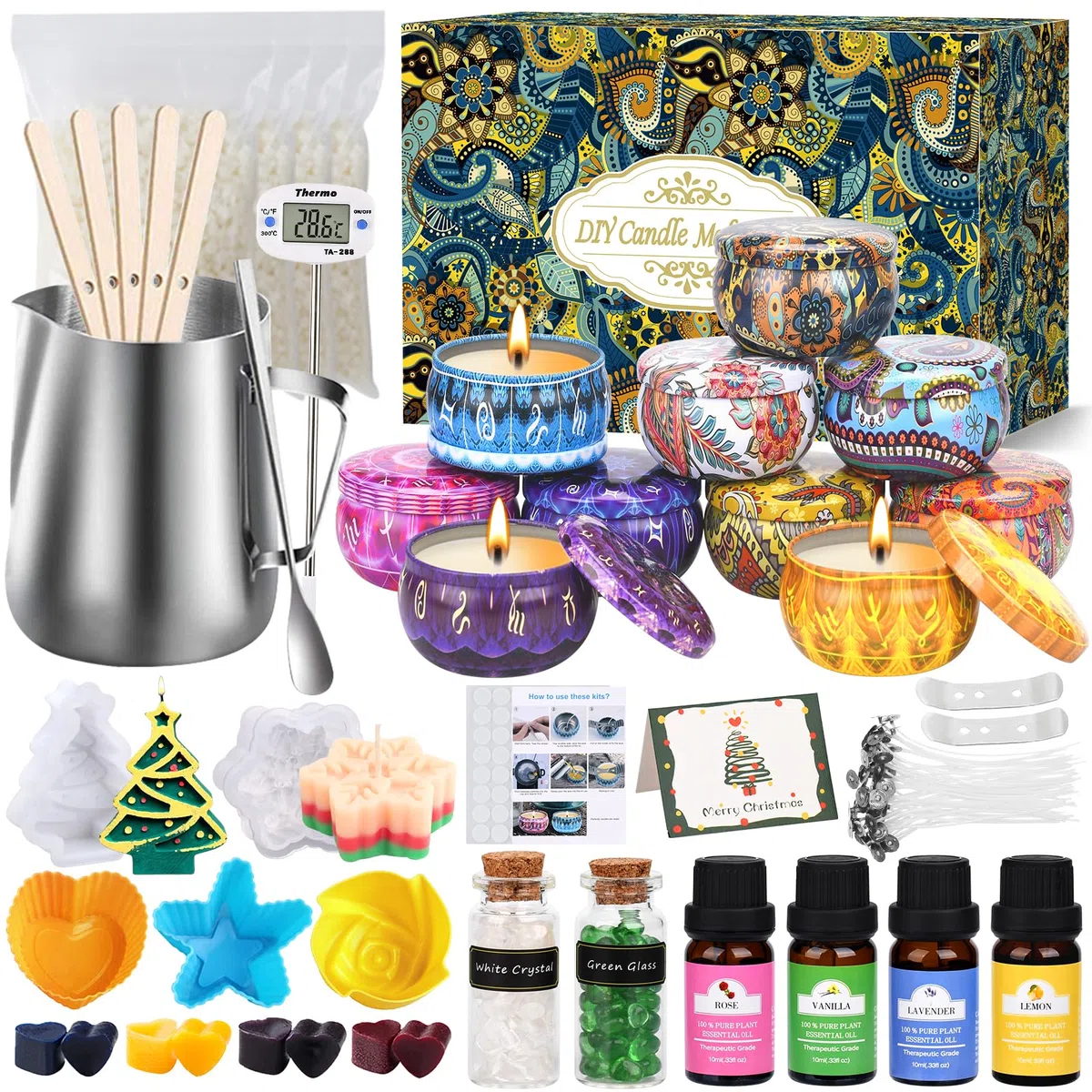 IGUGI Kit de Fabricación para Velas,DIY Juego de Regalo para Velas,Erramienta para Velas de Bricolaje Incluye 4 paquetes cera de abejas,10 Frascos para Velas,100 Mechas para Velas