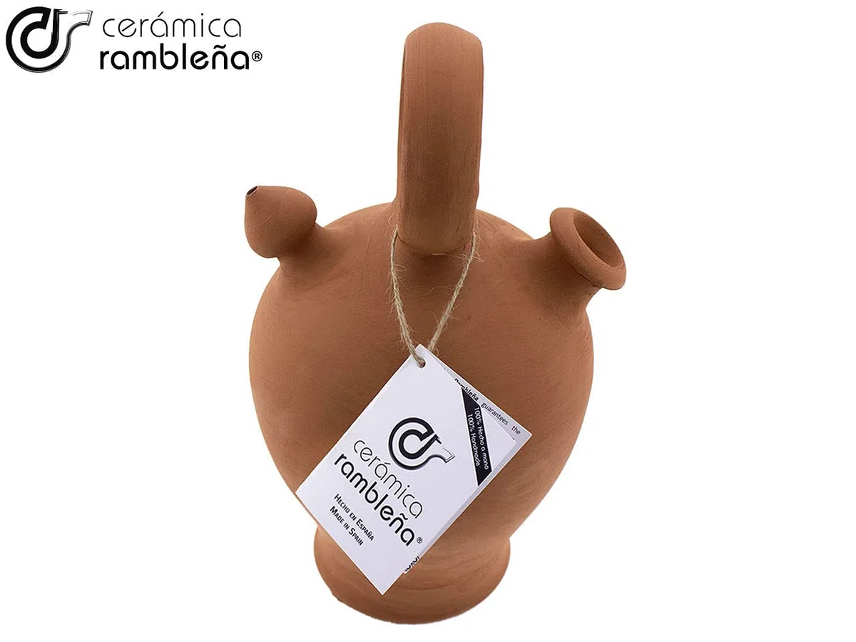 CERÁMICA RAMBLEÑA | Botijo de Barro Rojo Tradicional asa Redonda Base Vuelta de La Rambla (Córdoba) | 100% Hecho a Mano | 2.75 litros | Eco | Plato NO Incluido