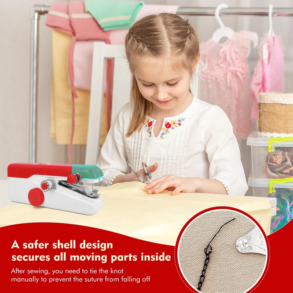 Máquina de Coser Portátil de Mano, Mini para Principiantes, Eléctrica con Puntada Rápida y Velocidad Ajustable, Kit de Reparación de Ropa DIY para Hogar y Viaje con Accesorios (Rojo)